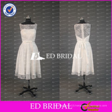 Elegant White Lace Bateau Neck Tea Length A Line Bridesmaid Dress With Bow Sash